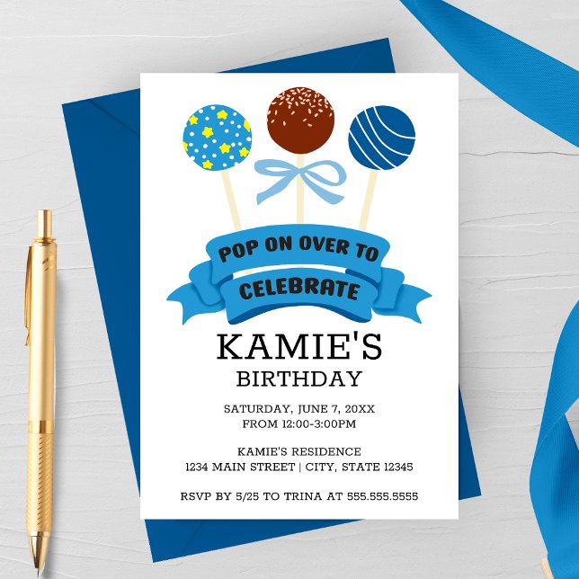 Blue Cake Pops Birthday Party Invitation (Blue Cake Pops Birthday Party Invitation)