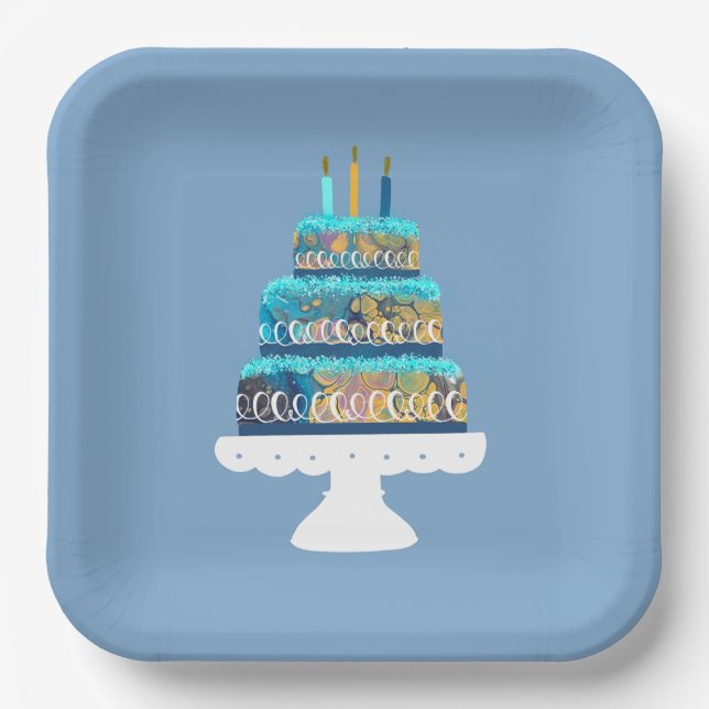 Blue Cake with Birthday Candles Paper Plate (Front)
