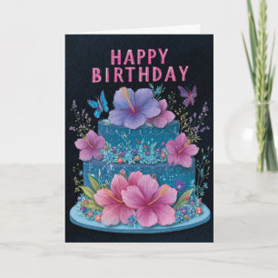 Blue Cake with Pink Hibiscus Birthday Greeting Car Card