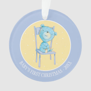 Blue Calico Bear Smiling on Chair Ornament
