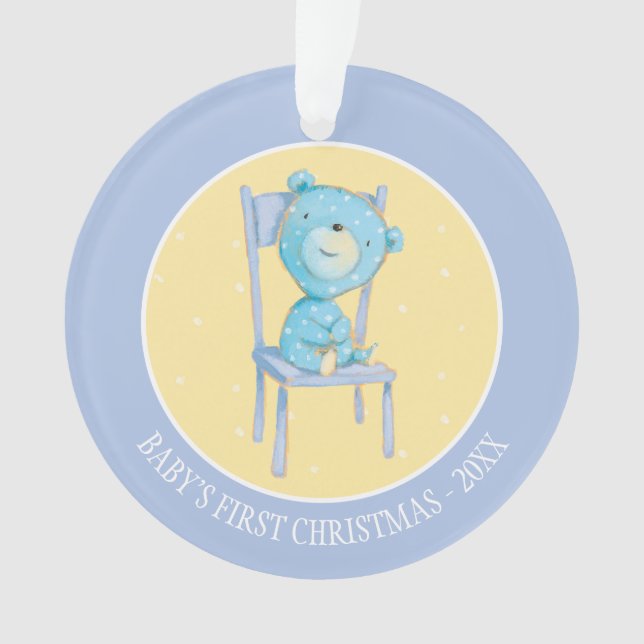 Blue Calico Bear Smiling on Chair Ornament (Front)
