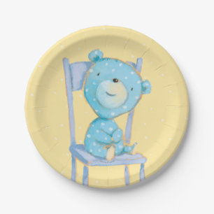 Blue Calico Bear Smiling on Chair Paper Plate