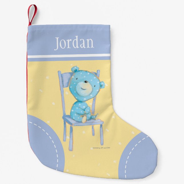 Blue Calico Bear Smiling on Chair Small Christmas Stocking (Front)
