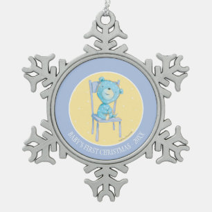 Blue Calico Bear Smiling on Chair Snowflake Pewter Christmas Ornament