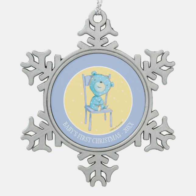 Blue Calico Bear Smiling on Chair Snowflake Pewter Christmas Ornament (Front)