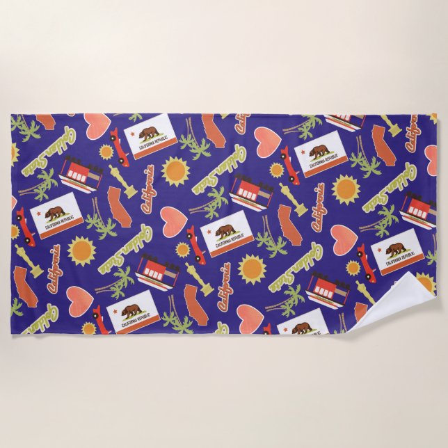 Blue California Fun Pattern Beach Towel (Front)