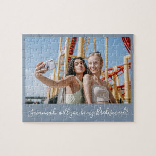Blue Calligraphy Custom Photo Bridesmaid Proposal Jigsaw Puzzle