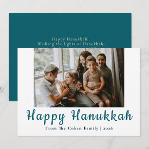 Blue Calligraphy Happiest Hanukkah family 1 photo Holiday Card