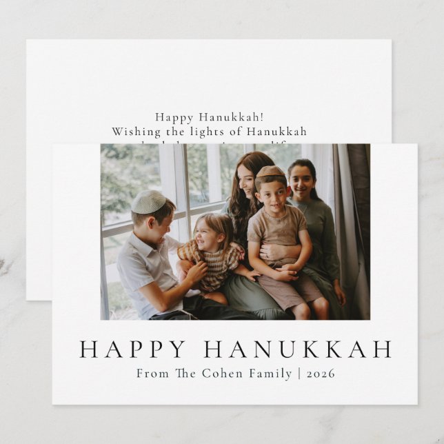 Blue Calligraphy Happiest Hanukkah family 1 photo Holiday Card (Front/Back)