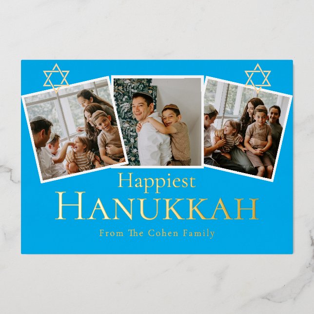 Blue Calligraphy Happiest Hanukkah family 3 photo Foil Holiday Card (Front)