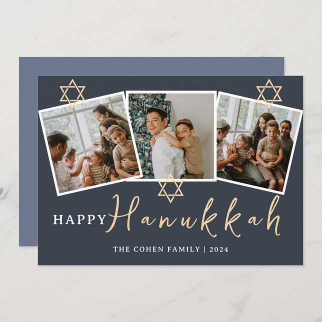 Blue Calligraphy Happiest Hanukkah family 3 photo Holiday Card (Front/Back)