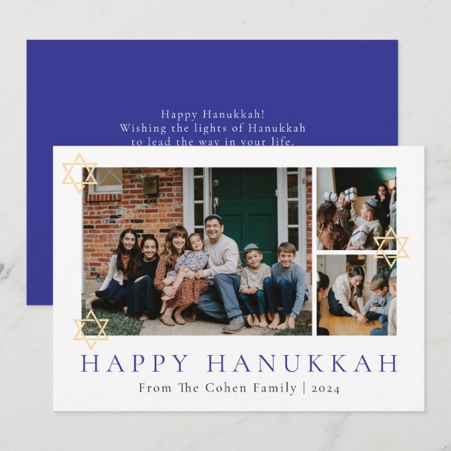 Blue Calligraphy Happiest Hanukkah family 3 photo Holiday Card (Front/Back)