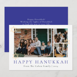 Blue Calligraphy Happiest Hanukkah family 3 photo Holiday Card