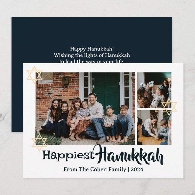 Blue Calligraphy Happiest Hanukkah family 3 photo Holiday Card (Front/Back)
