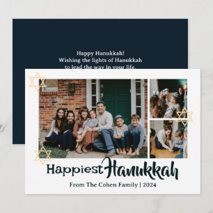 Blue Calligraphy Happiest Hanukkah family 3 photo Holiday Card