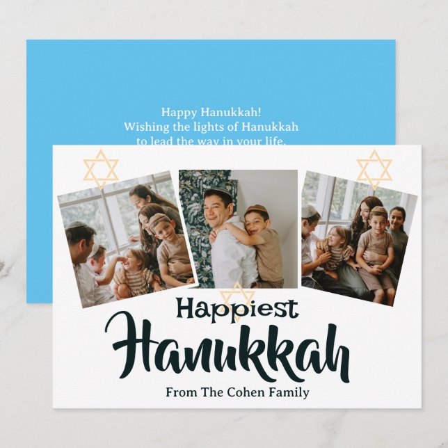 Blue Calligraphy Happiest Hanukkah family 3 photo Holiday Card (Front/Back)