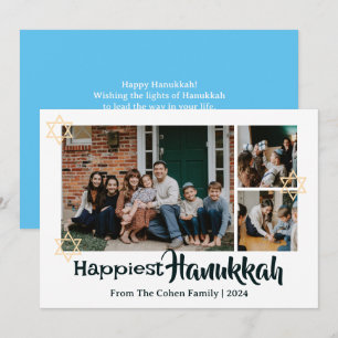 Blue Calligraphy Happiest Hanukkah family 3 photo Holiday Card