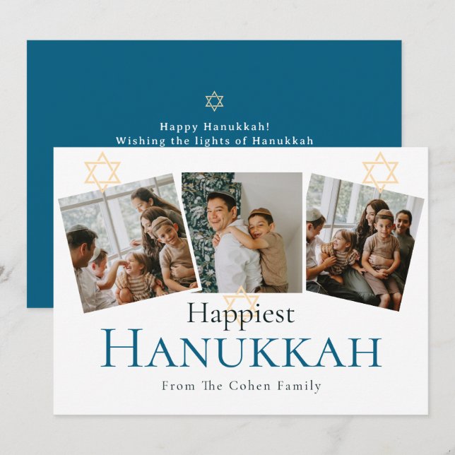 Blue Calligraphy Happiest Hanukkah family 3 photo Holiday Card (Front/Back)