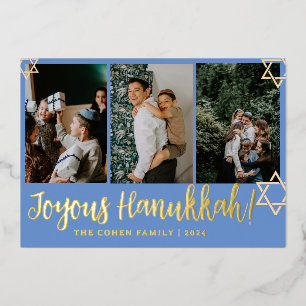 Blue Calligraphy Happiest Hanukkah family 4 photo Foil Holiday Card