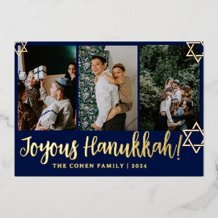 Blue Calligraphy Happiest Hanukkah family 4 photo Foil Holiday Card