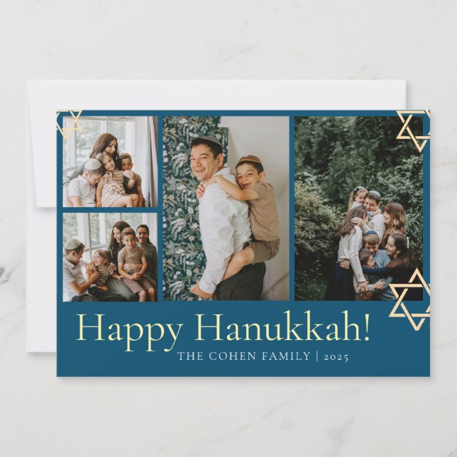 Blue Calligraphy Happiest Hanukkah family 4 photo Holiday Card (Front)