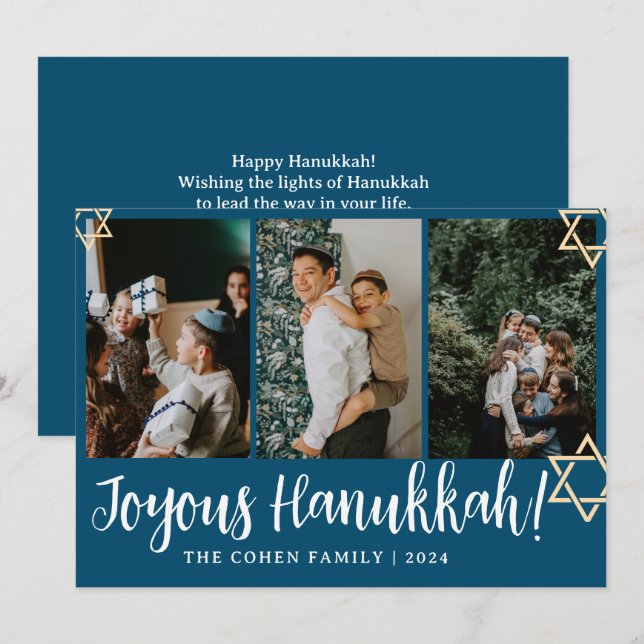 Blue Calligraphy Happiest Hanukkah family 4 photo Holiday Card (Front/Back)