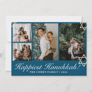 Blue Calligraphy Happiest Hanukkah family 4 photo Holiday Card