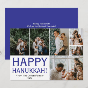 Blue Calligraphy Happiest Hanukkah family 4 photo Holiday Card