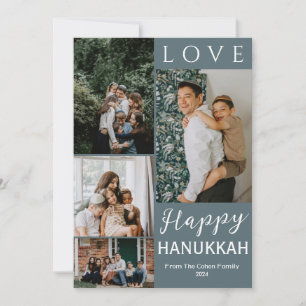 Blue Calligraphy Happiest Hanukkah family 4 photo Holiday Card