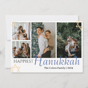 Blue Calligraphy Happiest Hanukkah family 4 photo Holiday Card