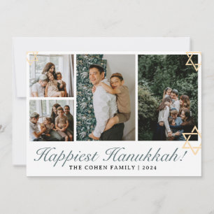 Blue Calligraphy Happiest Hanukkah family 4 photo Holiday Card