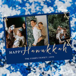 Blue Calligraphy Happy Hanukkah family 3 photo Holiday Card