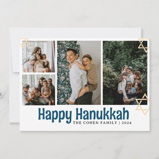 Blue Calligraphy Happy Hanukkah family 4 photo Holiday Card (Front)