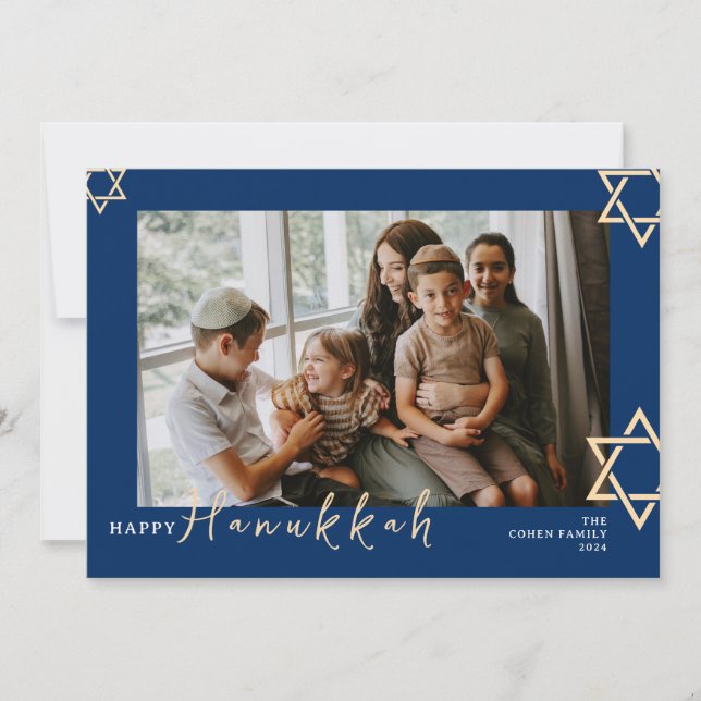 Blue Calligraphy Happy Hanukkah family one photo Holiday Card (Front)