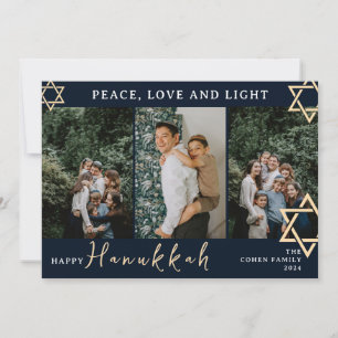 Blue Calligraphy Happy Hanukkah family Three photo Holiday Card