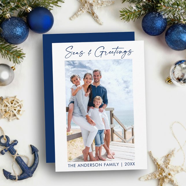 Blue Calligraphy Ink Seas and Greetings Photo Holiday Card (Customize to change your personalized text size or text style.)