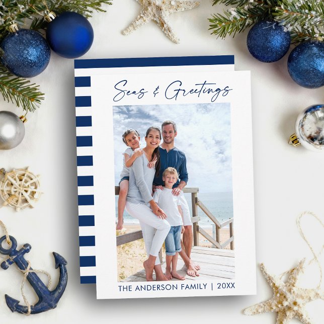 Blue Calligraphy Ink Seas and Greetings Striped Holiday Card (Customize to change your personalized text size or text style.)