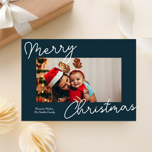 Blue Calligraphy Merry Christmas Modern Photo Holiday Card (Creator Uploaded)