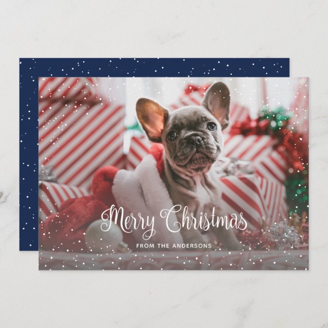 Blue Calligraphy Snow Photo Merry Christmas Card (Front/Back)