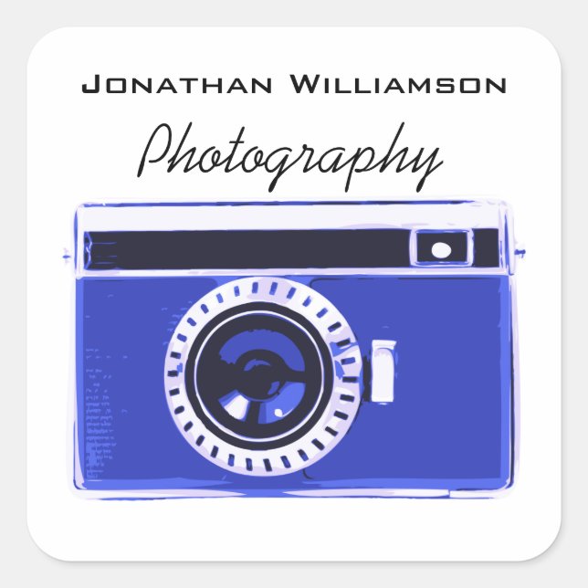 Blue Camera Photography Business Square Sticker (Front)