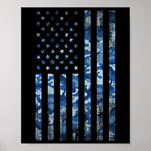 Blue Camo American Flag Usa Tactical Ocean Camoufl Poster