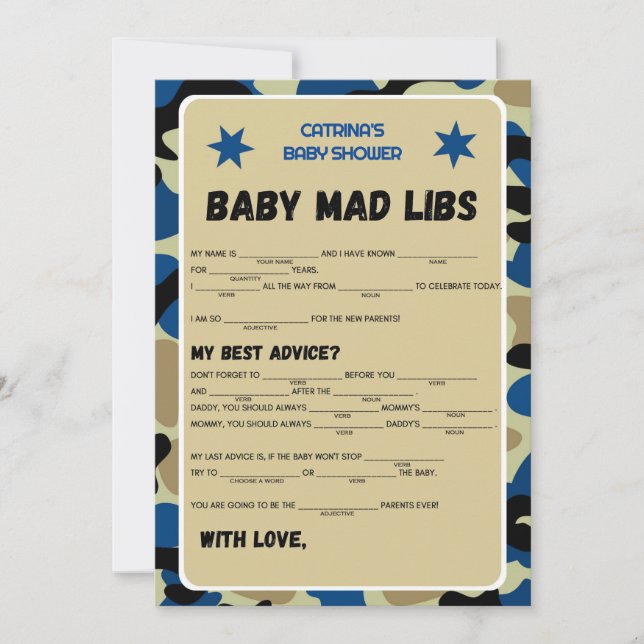 Blue Camo Baby Shower - Editable Name, 5x7  Invitation (Front)