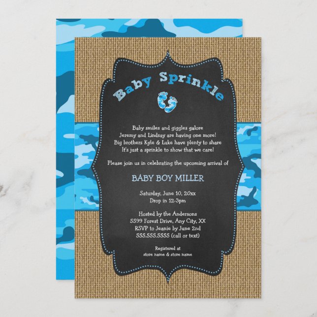 Blue Camo Baby Sprinkle Invite, camouflage burlap Invitation (Front/Back)
