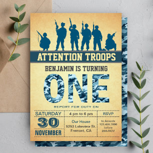 Blue Camo Camouflage First Birthday Invitation