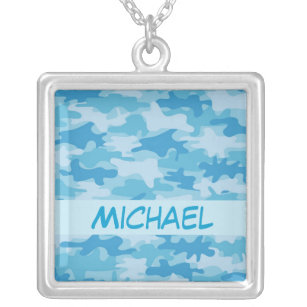 Blue Camo Camouflage Name Personalised Silver Plated Necklace
