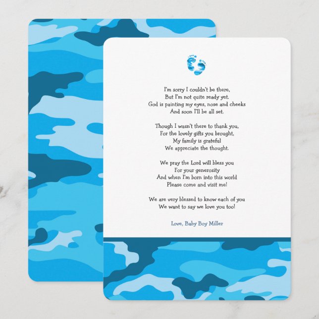 Blue Camo girl poem baby shower thank you note Invitation (Front/Back)