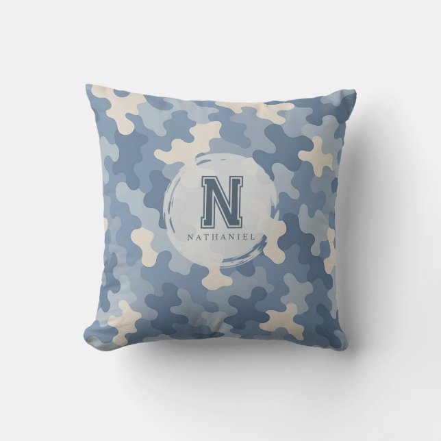 Blue Camo Military Monogram Cushion (Front)