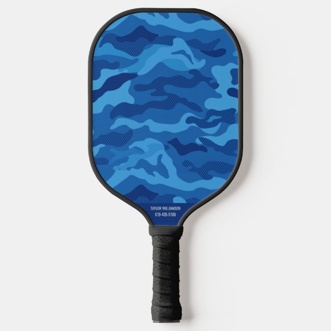Blue Camo Pattern Cool Camouflage Custom Text Name Pickleball Paddle (Front)