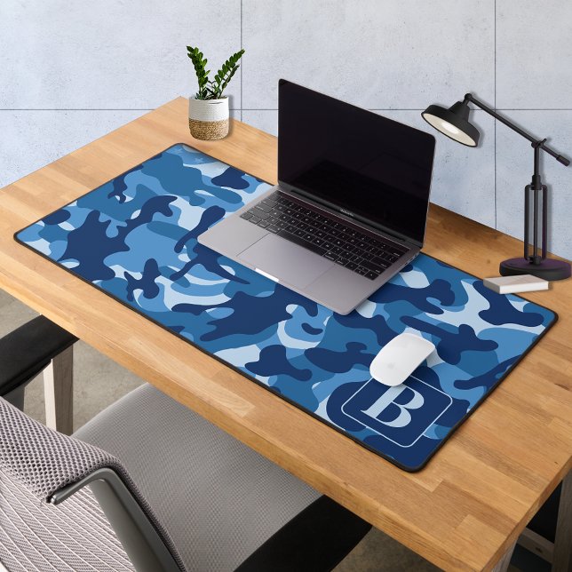 Blue Camo Personalised Modern Monogram Camouflage Desk Mat (Creator Uploaded)