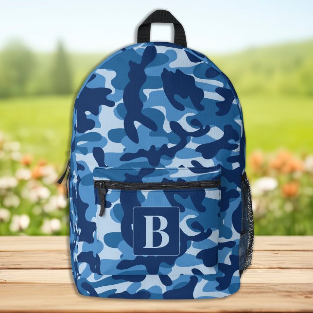 Blue Camo Personalised Modern Monogram Camouflage Printed Backpack (Creator Uploaded)